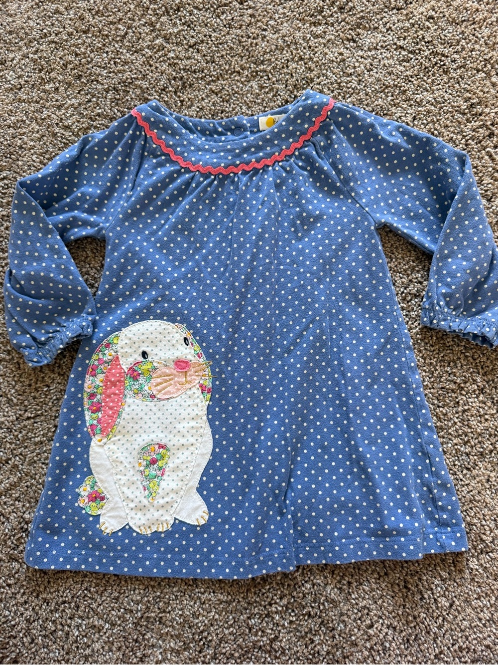 BABY BODEN Denim Blue Polkadot Floral Bunny Embellished Appliqué Dress